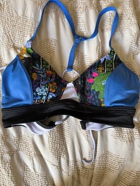 Prana Blue Floral Pattern Women's Swim Top